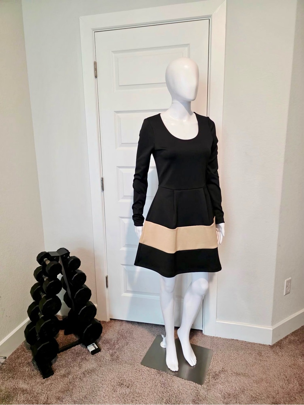 VENUS Black Dress with Beige Stripe Long Sleeve Fit-and-Flare